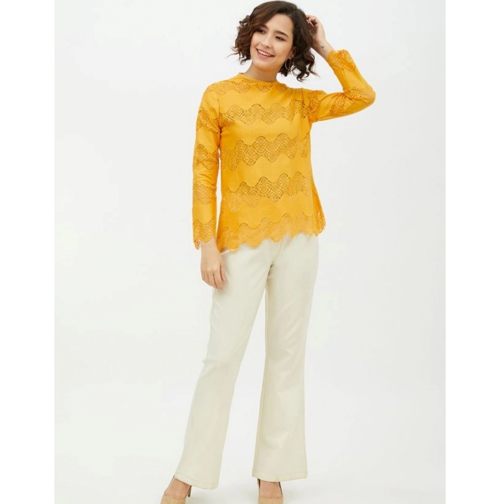 Women's Cotton Lace Inserts Long Sleeves Top (Yellow) - Image 3