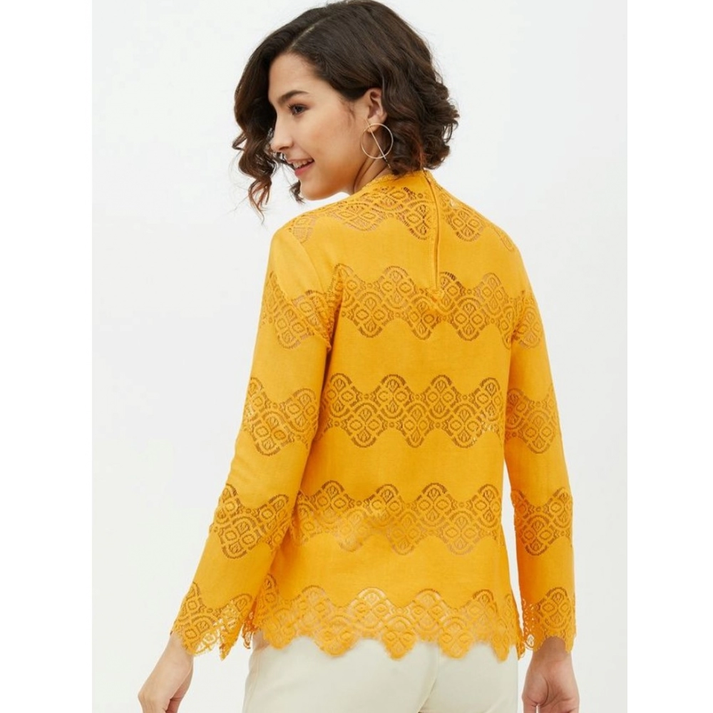 Women's Cotton Lace Inserts Long Sleeves Top (Yellow) - Image 2