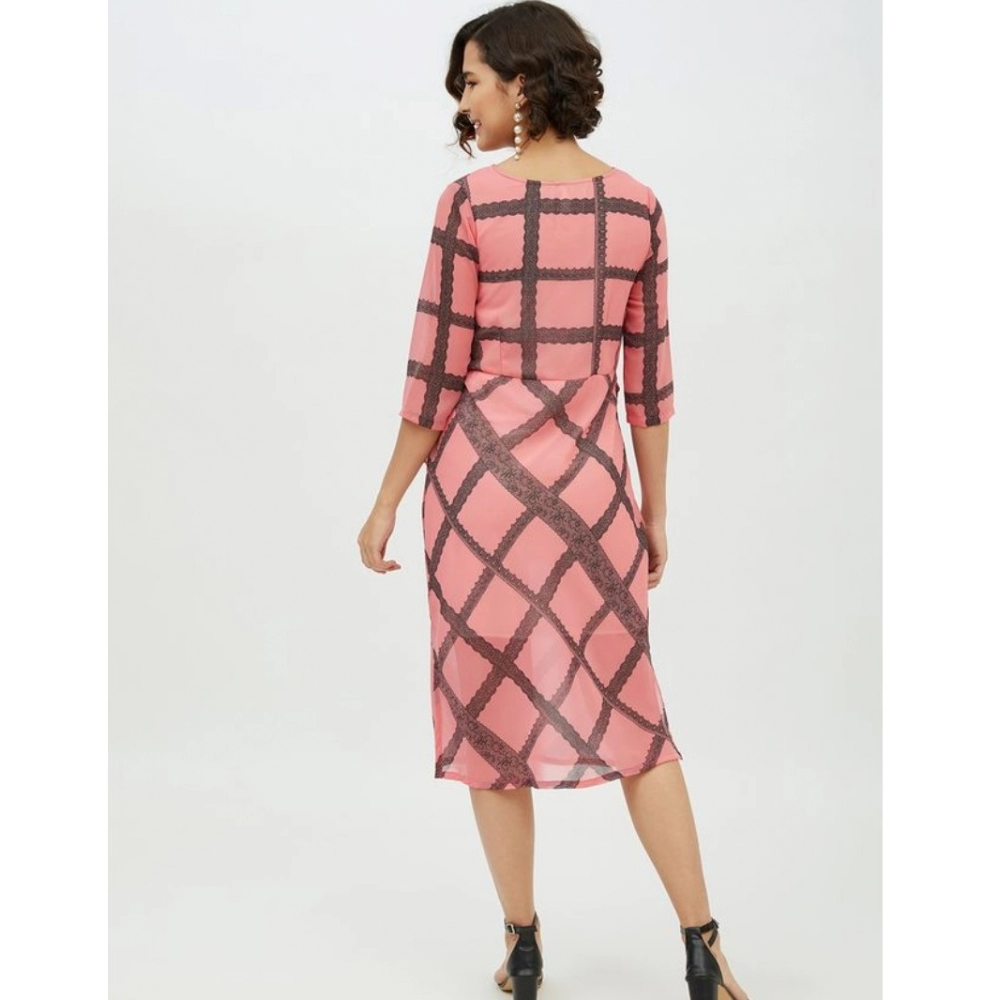 Women's Polyester Checkered 3-4th Sleeves Below Knee Dress (Pink) - Image 2