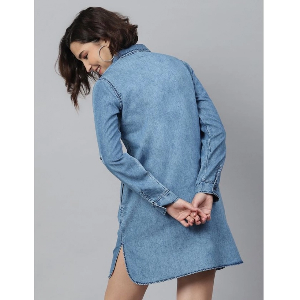 Women's Denim Solid Long Sleeves Above Knee Dress (Ice Blue) - Image 2