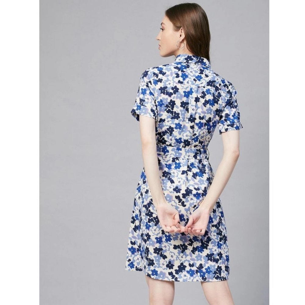 Women's Polyester Floral Short Sleeve Above Knee Dress (Blue - White) - Image 2
