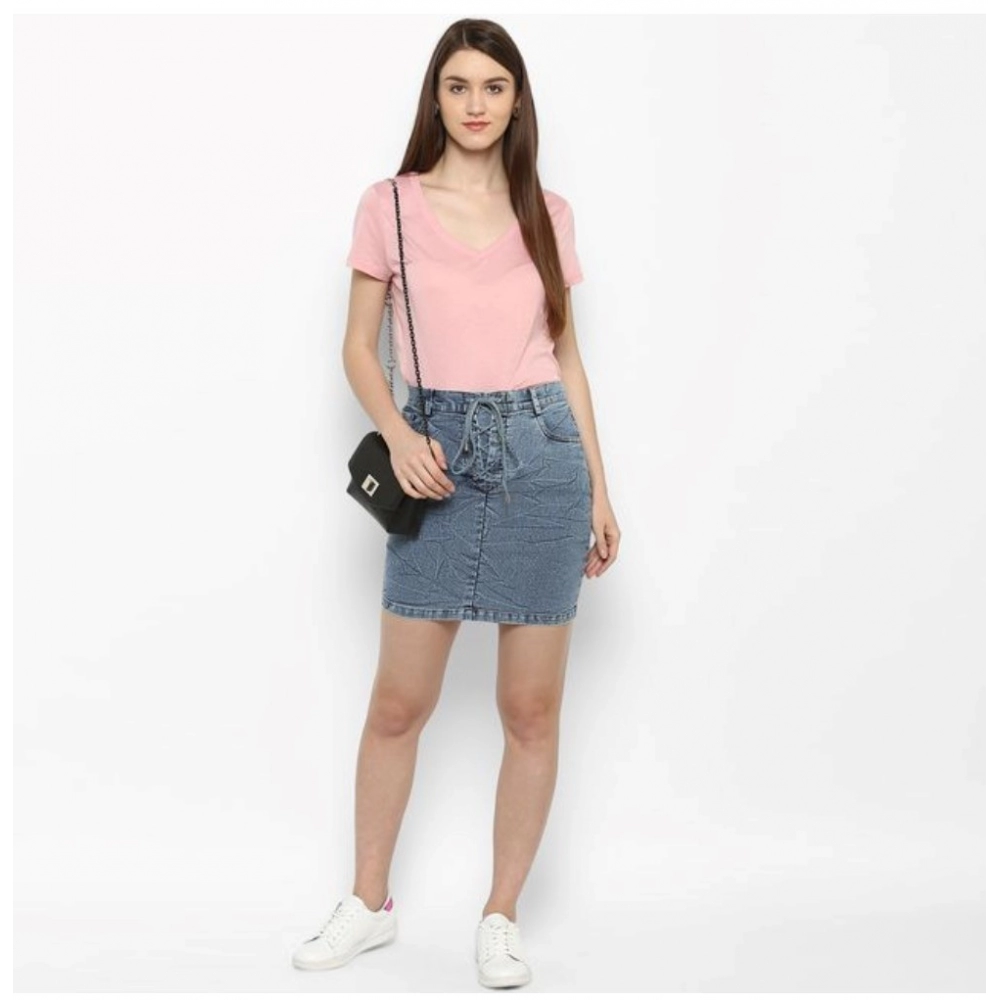 Women's Denim Draw String Buttoned Skirt (Blue) - Image 3