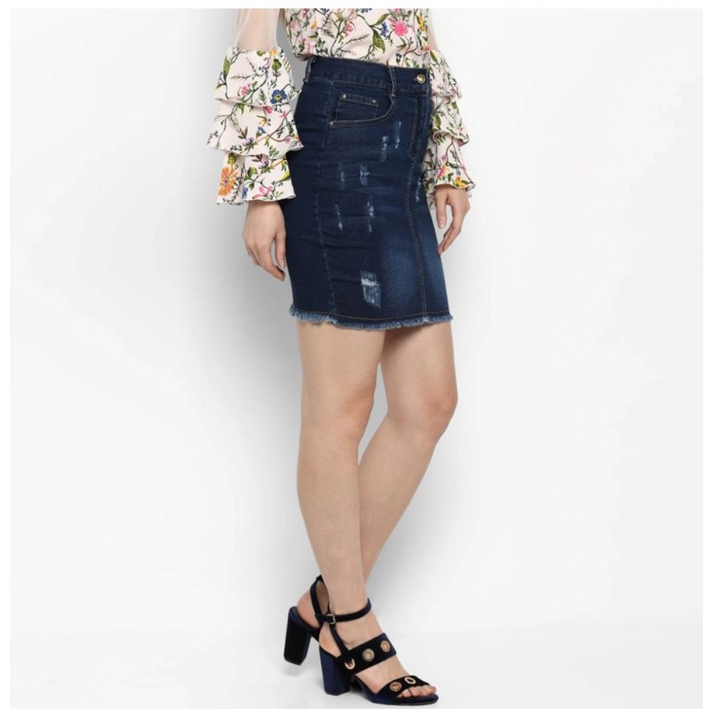 Women's Denim Distressed Buttoned Skirt (Blue) - Image 5