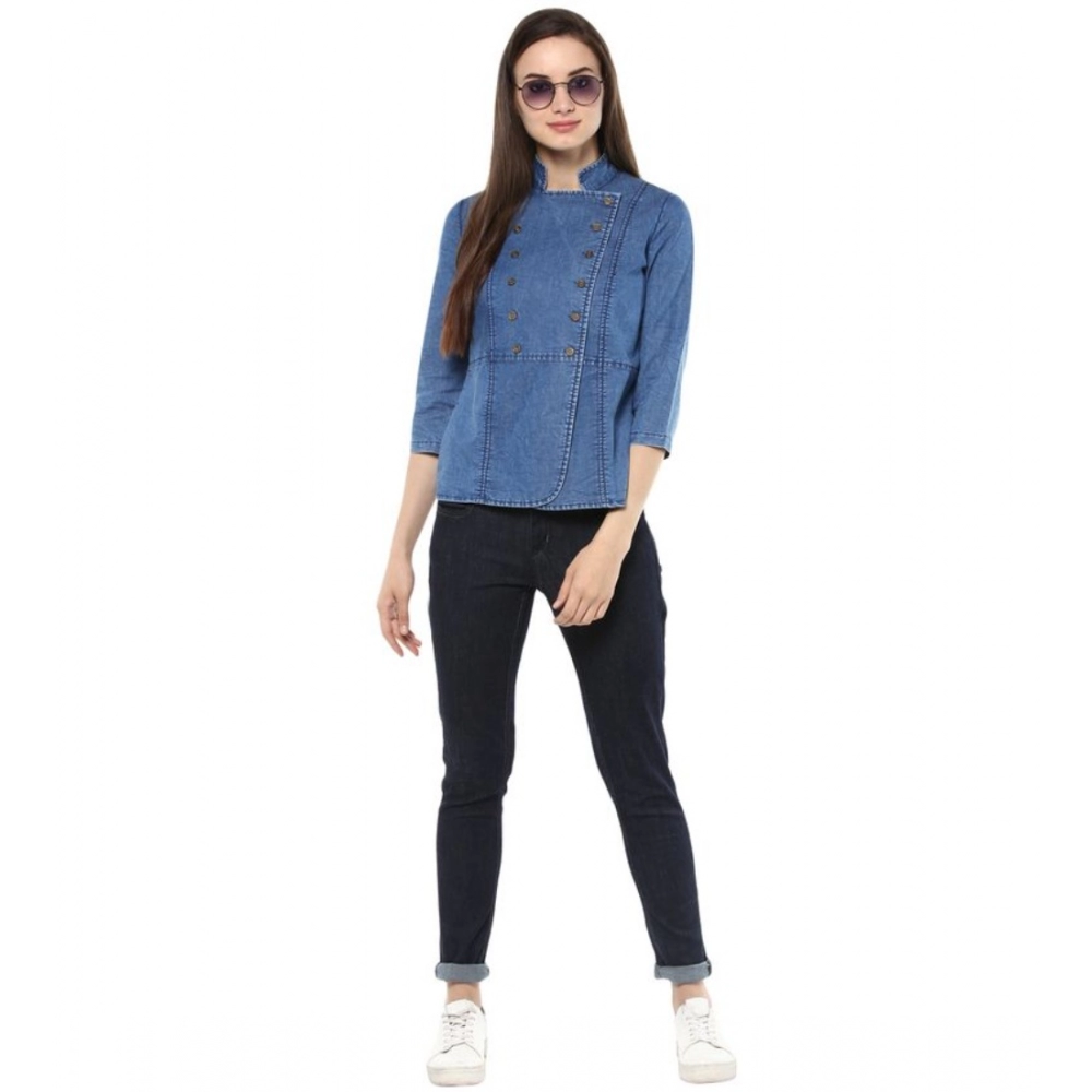 Women's Denim Solid 3-4th Sleeves Regular Top (Blue) - Image 3