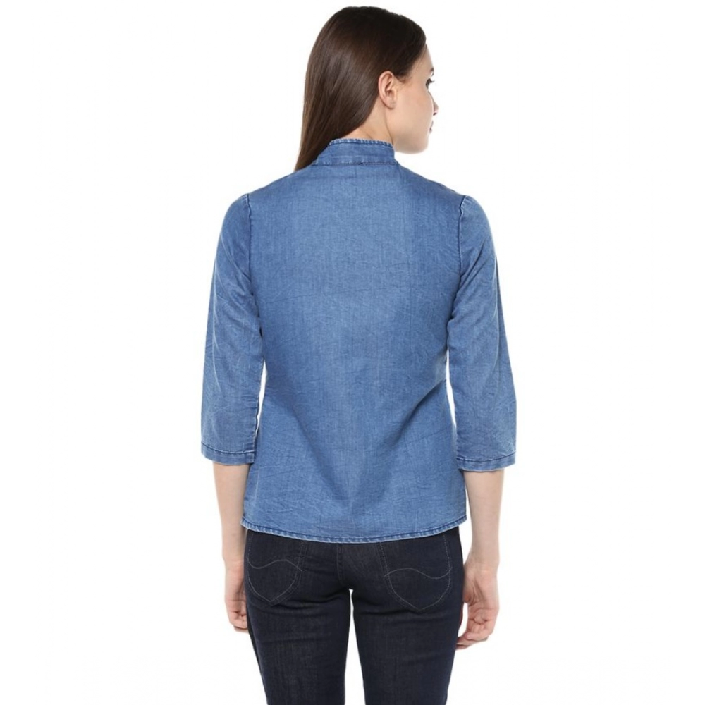 Women's Denim Solid 3-4th Sleeves Regular Top (Blue) - Image 2