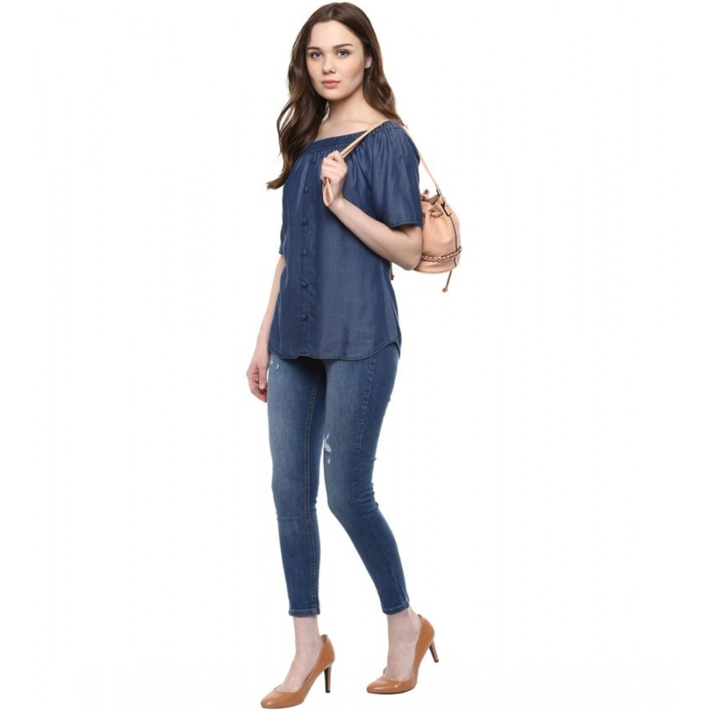 Women's Denim Solid Short Sleeve Regular Top (Blue) - Image 2