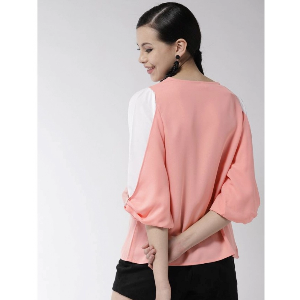 Women's Polyester Colour Block Slit Sleeve Top (Pink) - Image 2