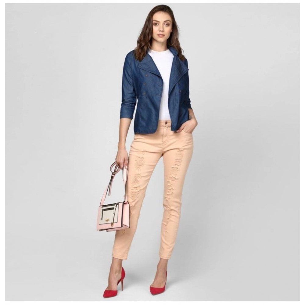 Women's Denim Solid 3-4th Sleeves Top (Blue) - Image 3