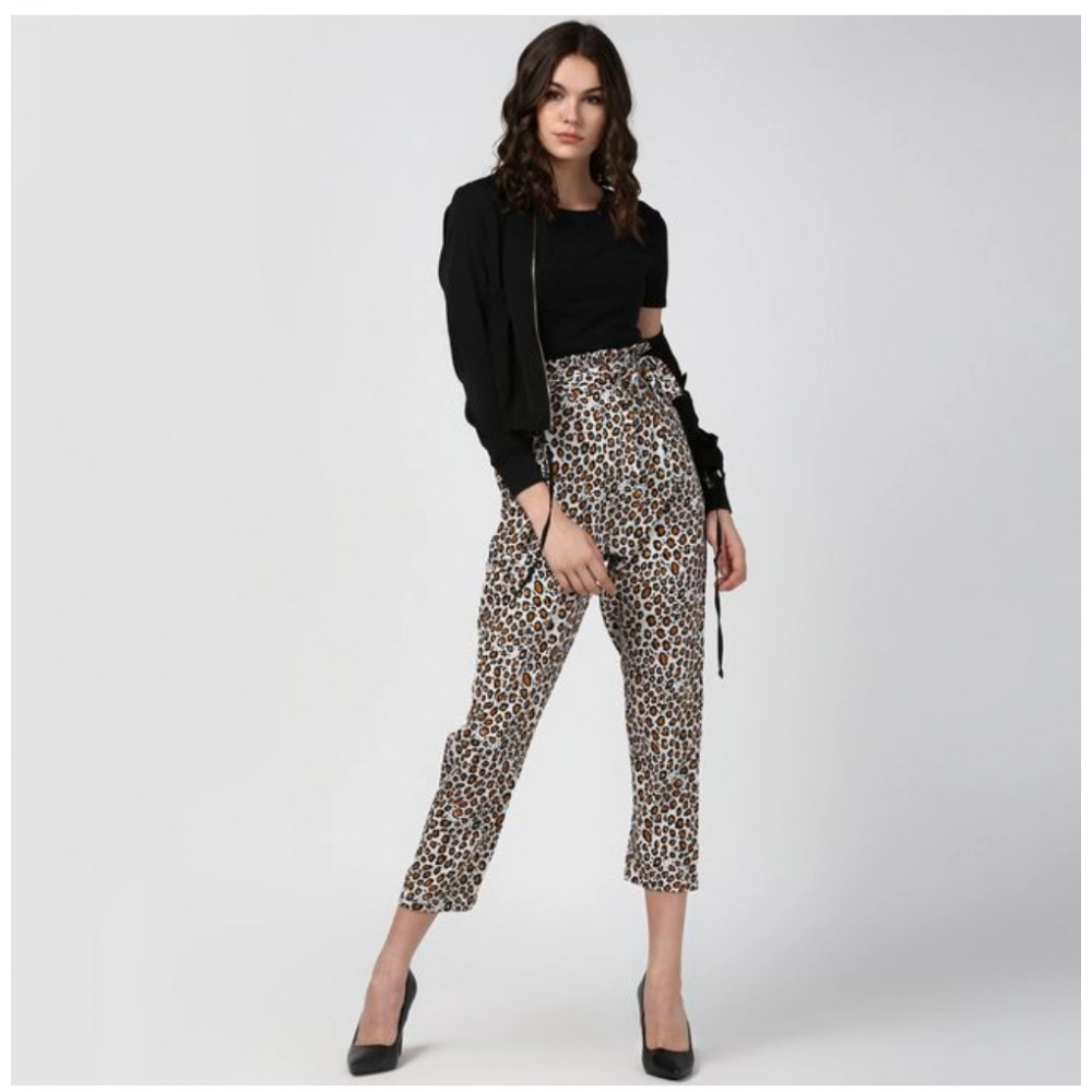 Women's Polyester Animal Print Elasticated Trousers (White - Yellow) - Image 3