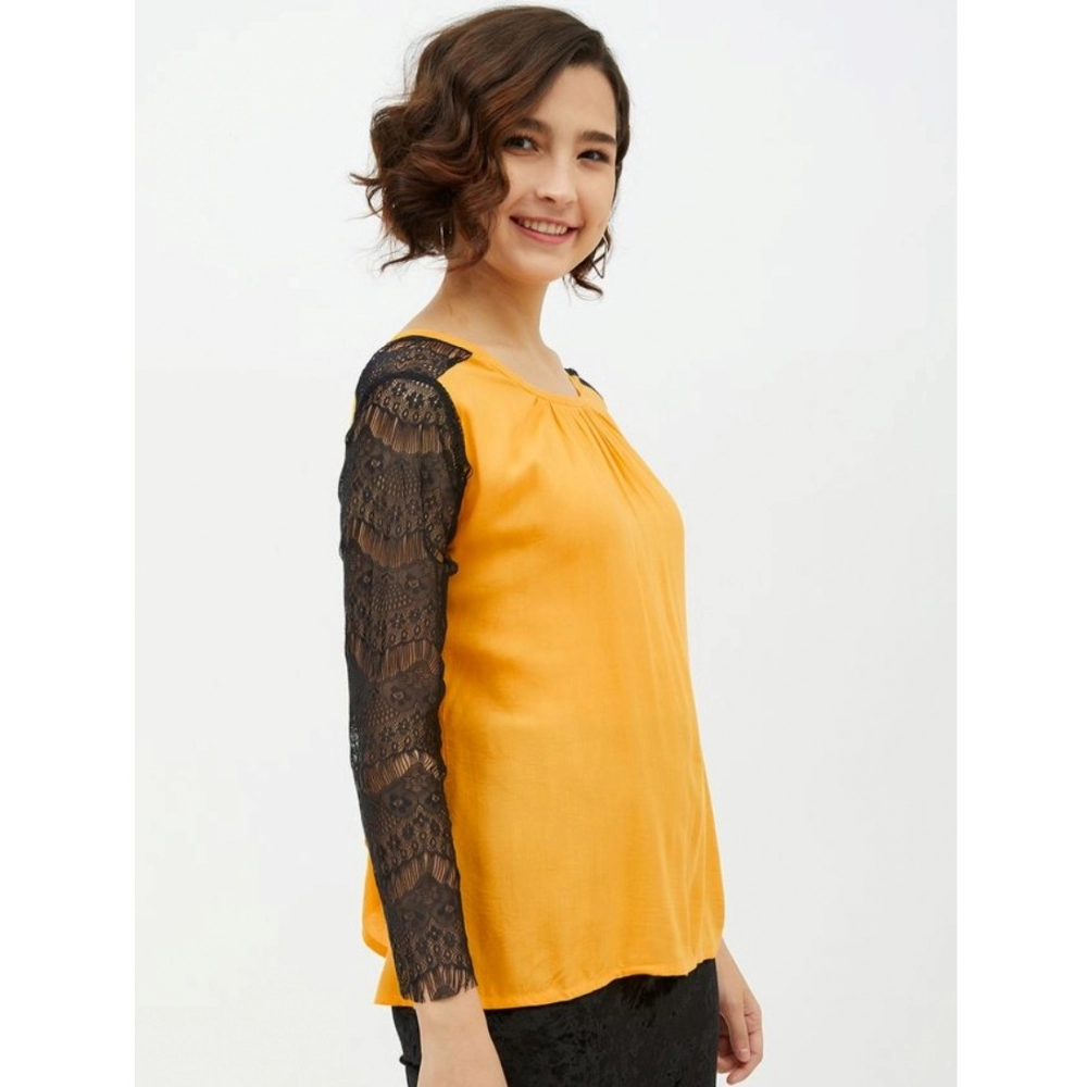 Women's Rayon Lace Inserts Long Sleeves Top (Yellow) - Image 5