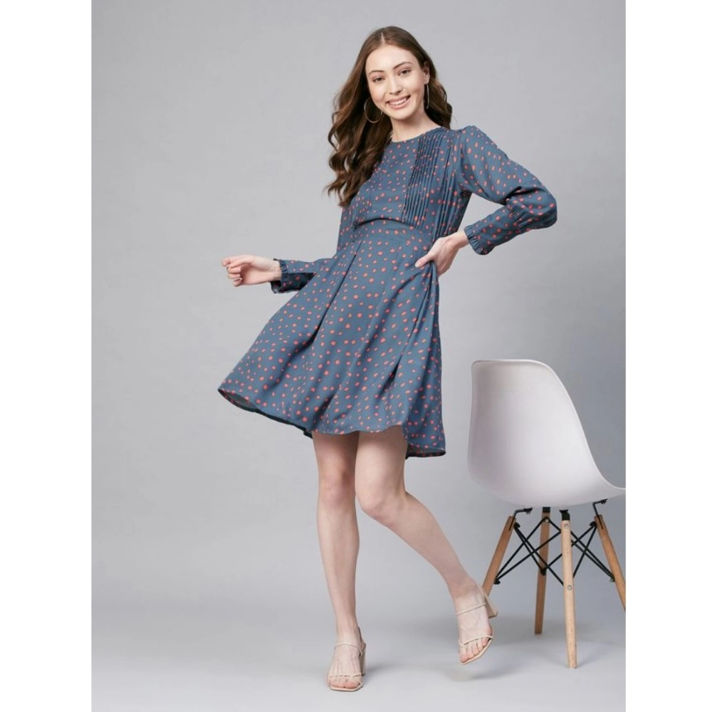 Women's Polyester Polka Long Sleeves Above Knee Dress (Grey - Coral) - Image 3