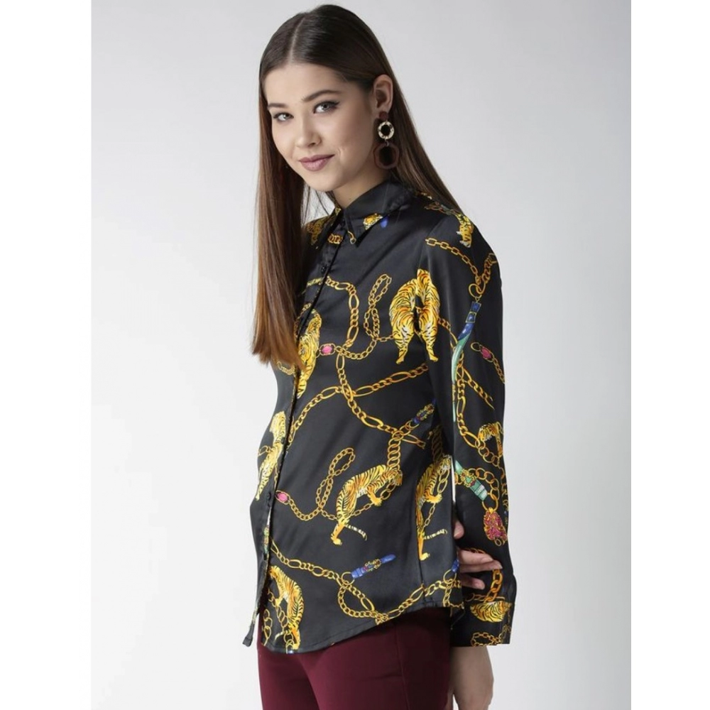 Women's Satin Printed Long Sleeves Standard Length Shirt (Black - Gold) - Image 5