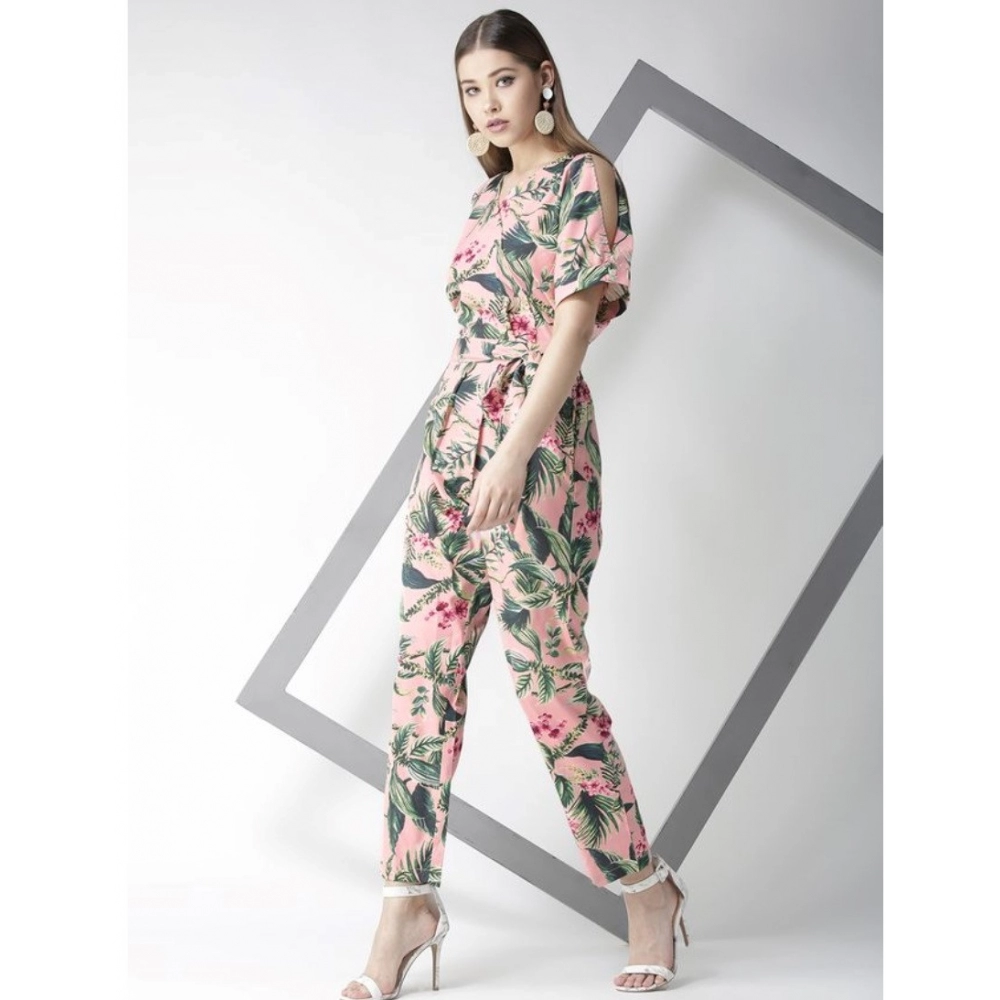 Women's Polyester Floral Half Sleeve Jumpsuit (Pink) - Image 3