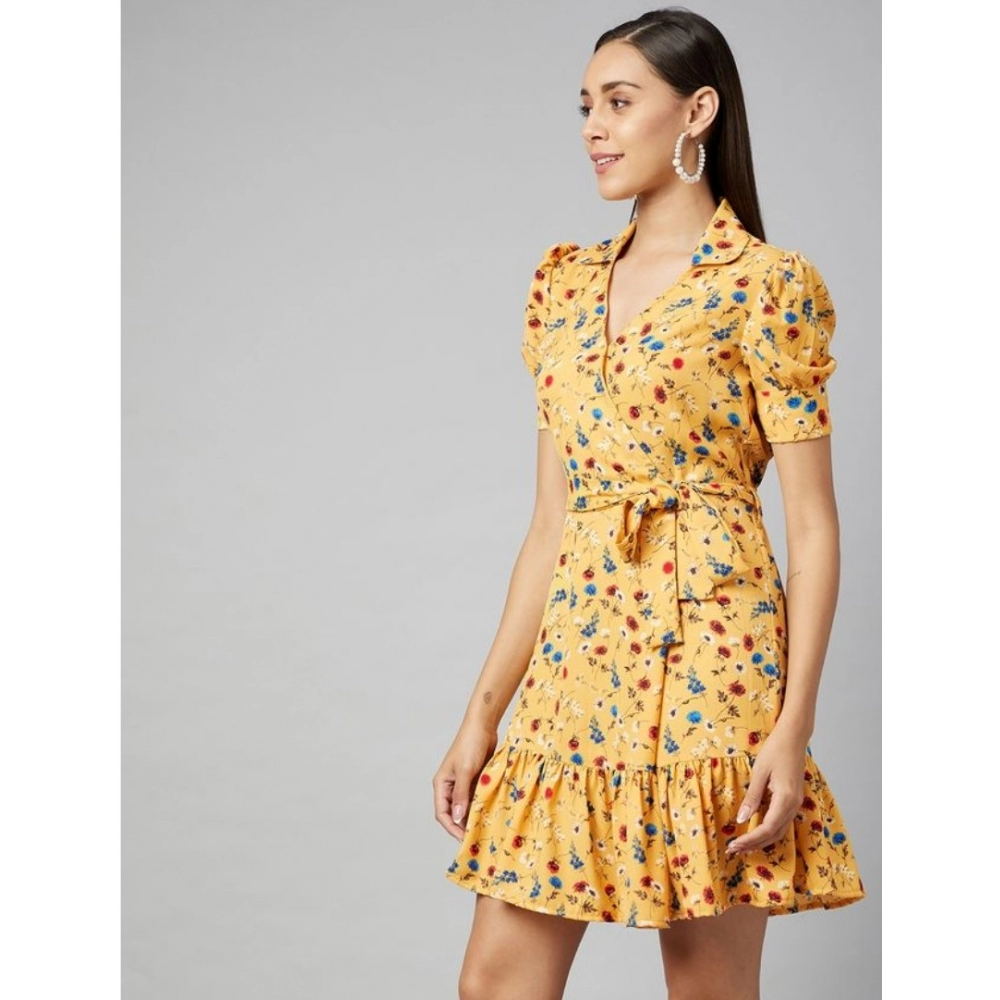 Women's Polyester Floral Short Sleeve Above Knee Dress (Yellow) - Image 5