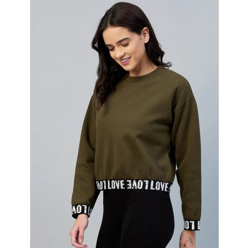 Women's Fleece Solid Long Sleeves Sweatshirt (Olive) - Image 5