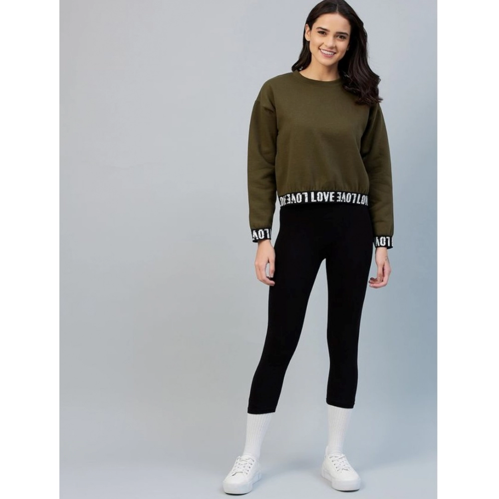Women's Fleece Solid Long Sleeves Sweatshirt (Olive) - Image 2