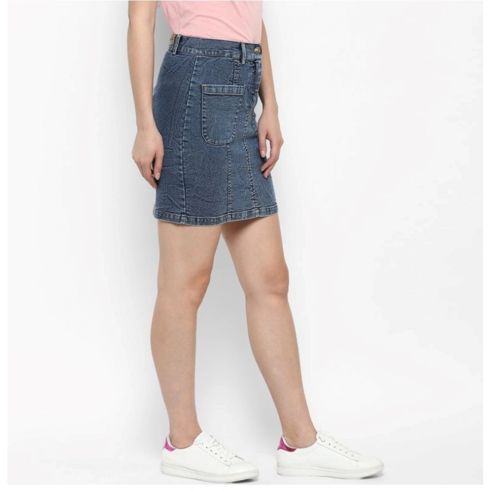 Women's Denim Front Pocket Buttoned Skirt (Blue) - Image 5