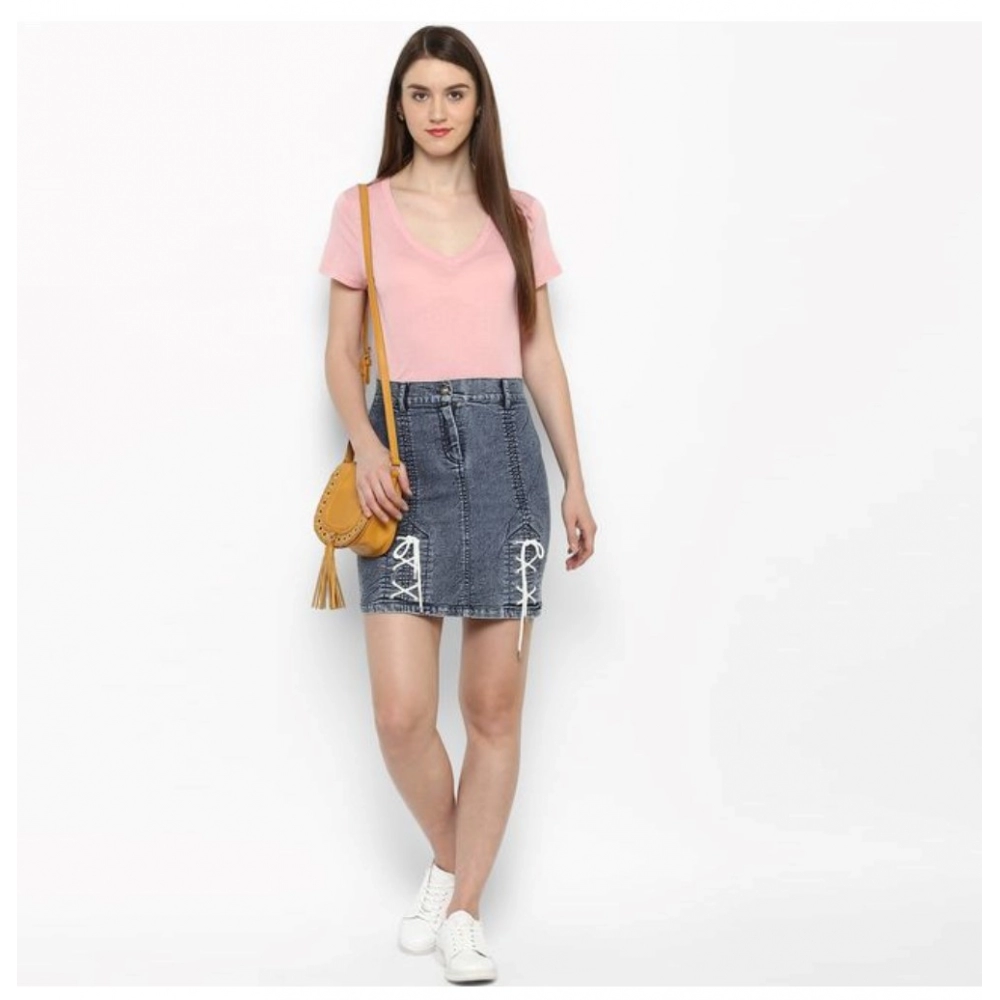 Women's Denim Tie Up Buttoned Skirt (Blue) - Image 3