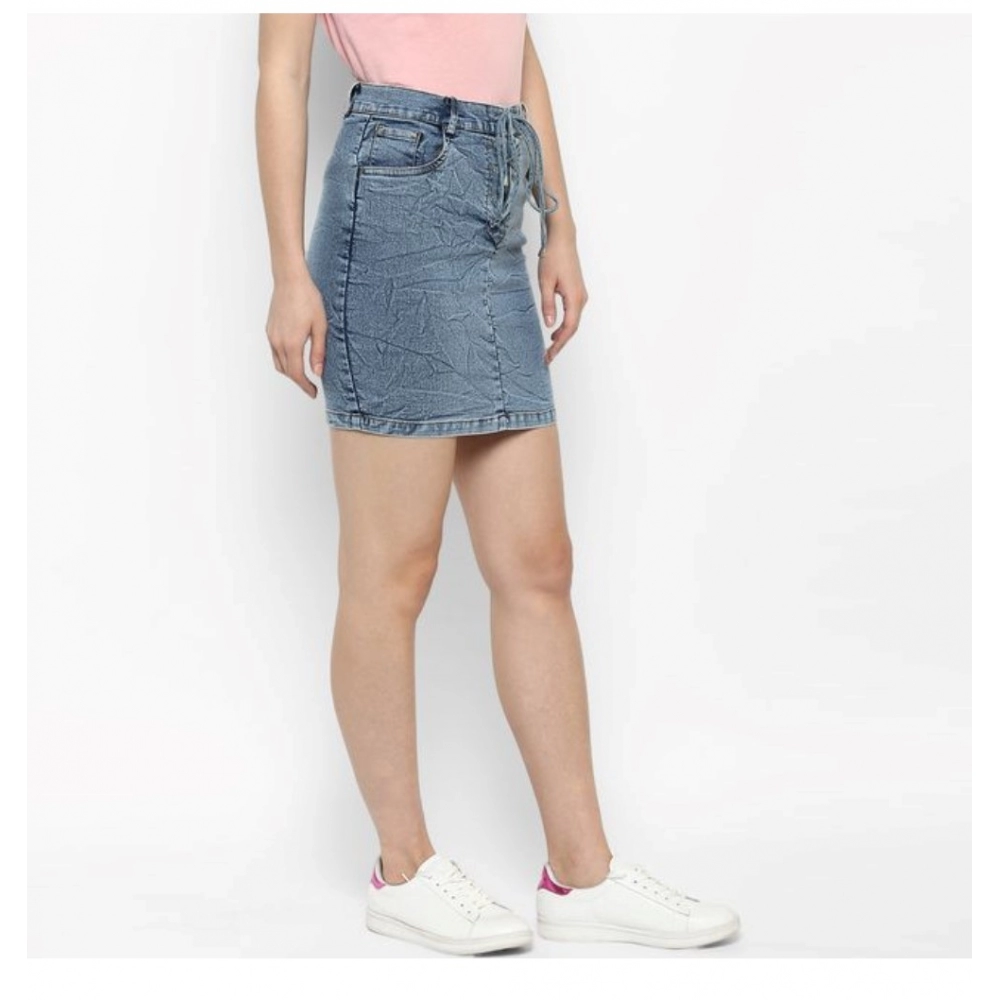 Women's Denim Draw String Buttoned Skirt (Blue) - Image 5