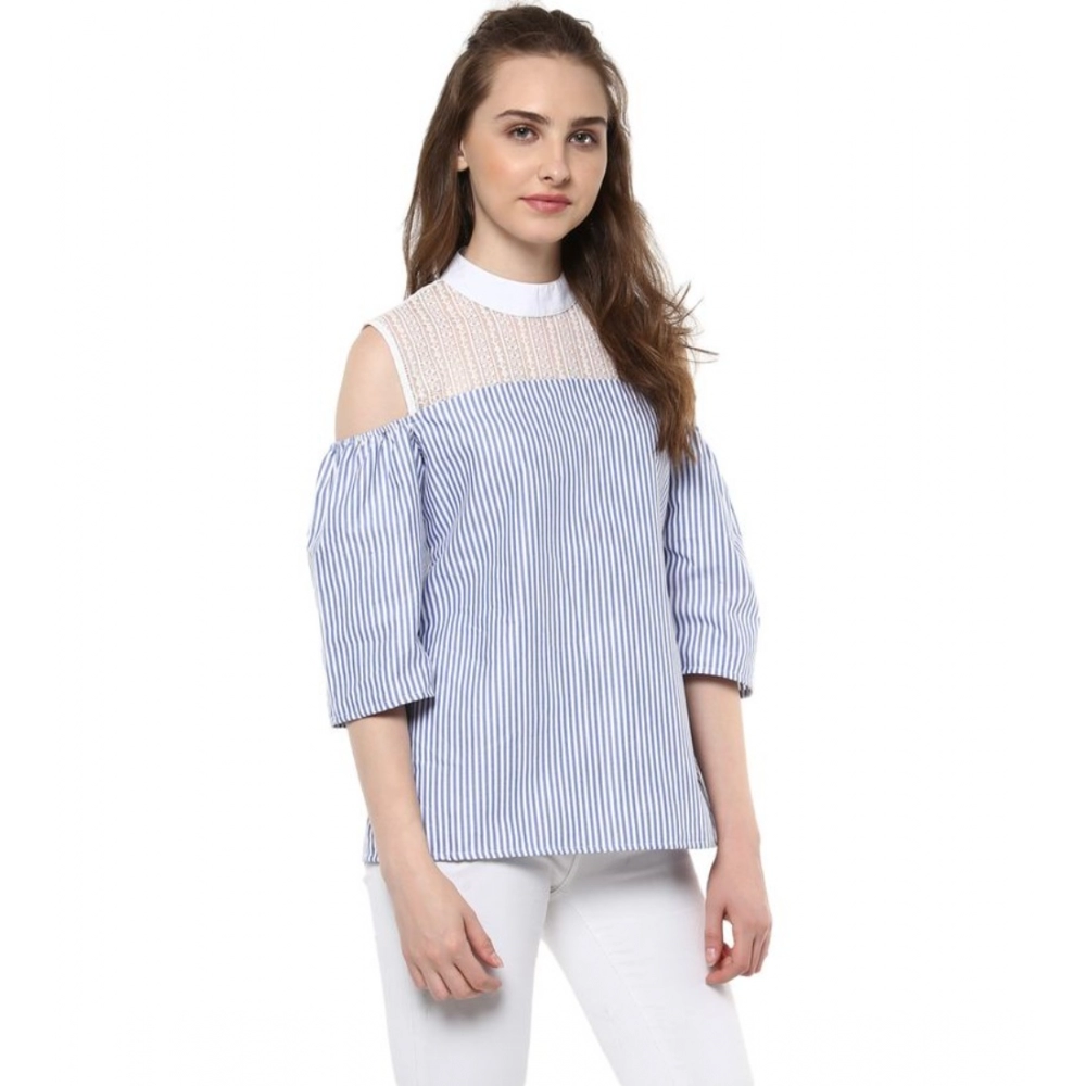 Women's Cotton Striped Cold Shoulder Top (Blue) - Image 5