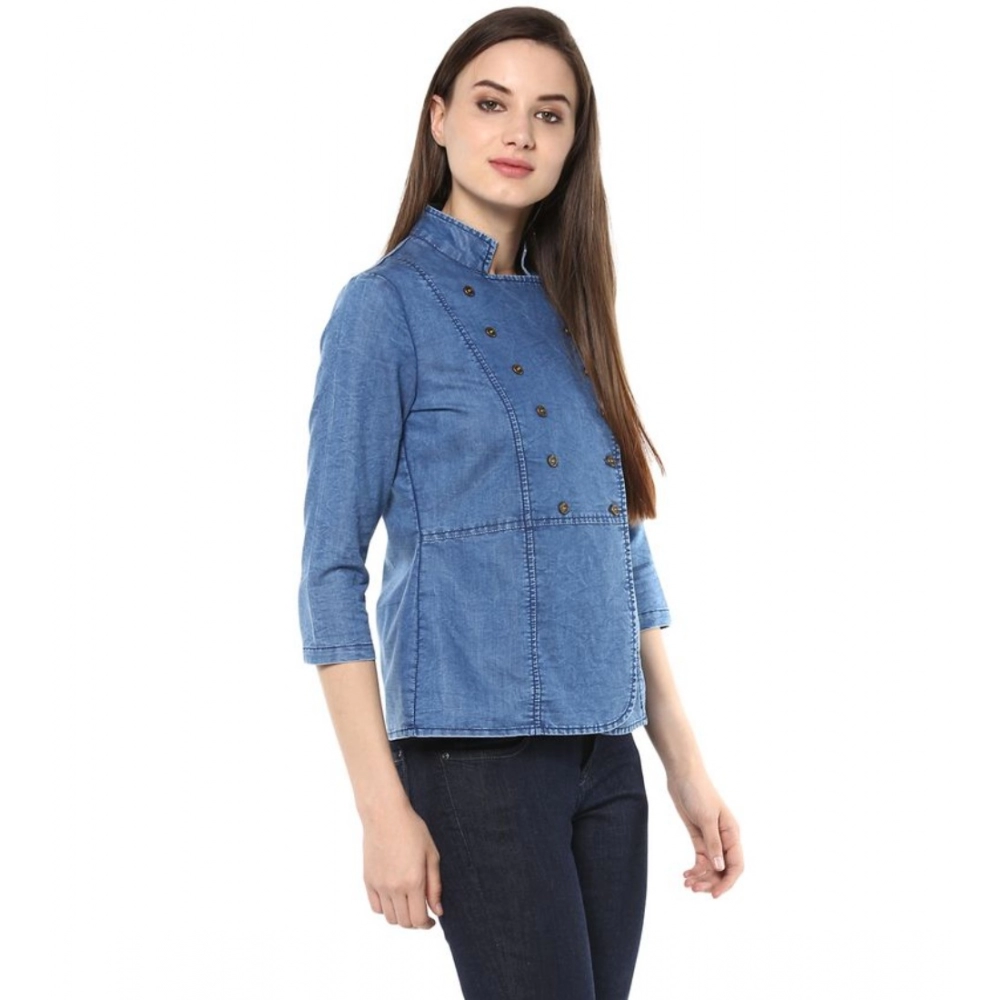 Women's Denim Solid 3-4th Sleeves Regular Top (Blue) - Image 5