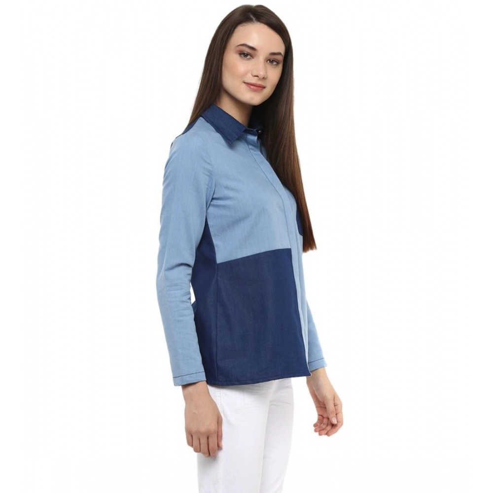 Women's Denim Patch Work Long Sleeves Regular Top (Blue) - Image 5