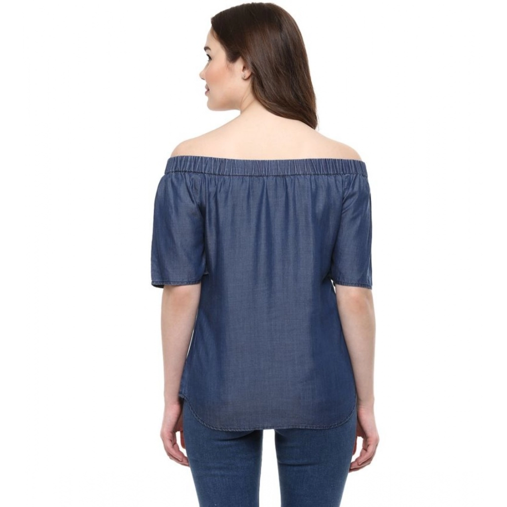 Women's Denim Solid Short Sleeve Regular Top (Blue) - Image 3