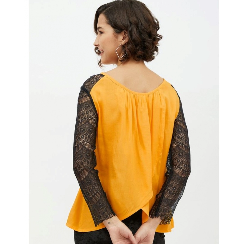 Women's Rayon Lace Inserts Long Sleeves Top (Yellow) - Image 2