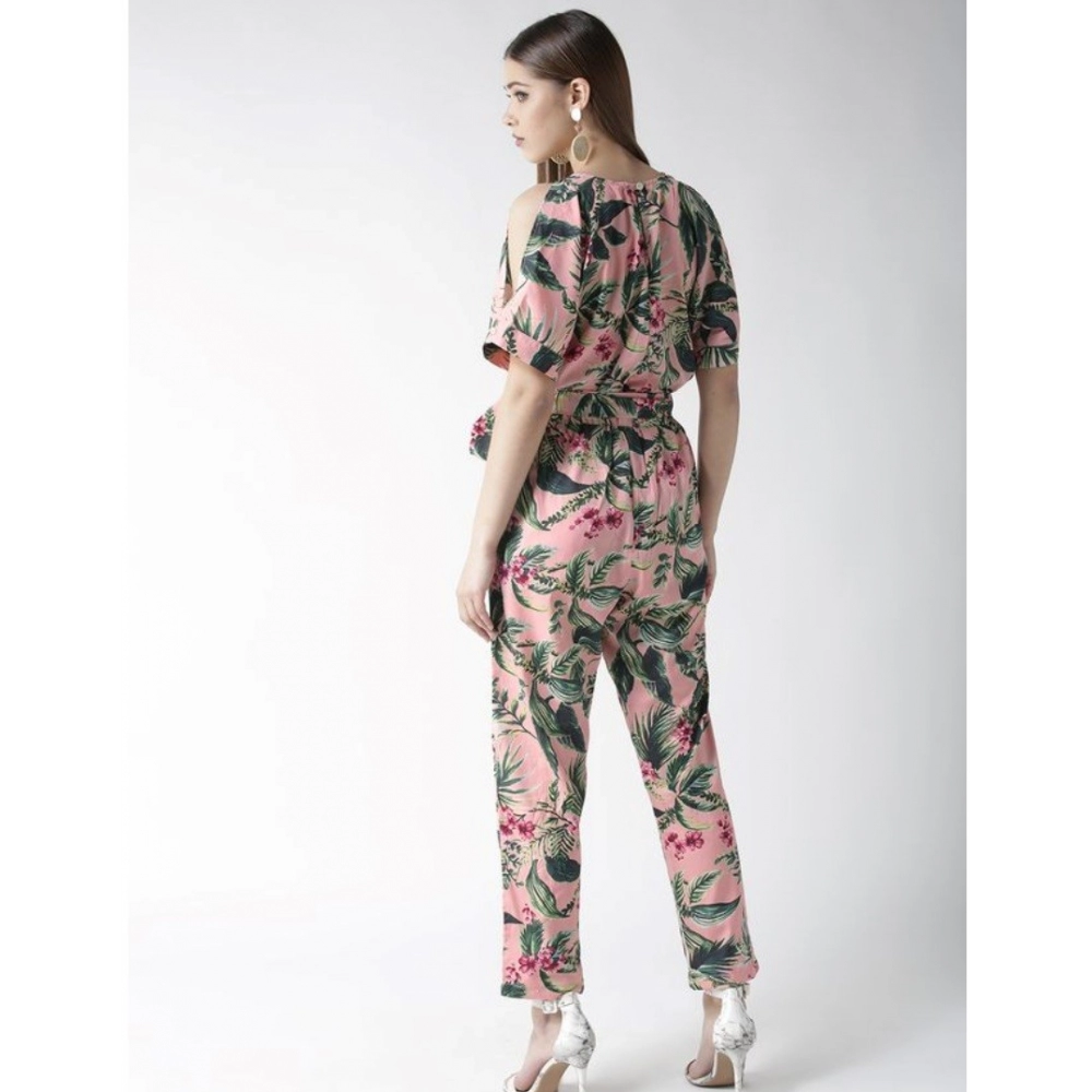 Women's Polyester Floral Half Sleeve Jumpsuit (Pink) - Image 2