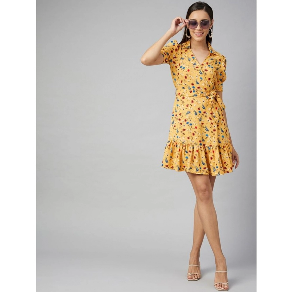 Women's Polyester Floral Short Sleeve Above Knee Dress (Yellow) - Image 3