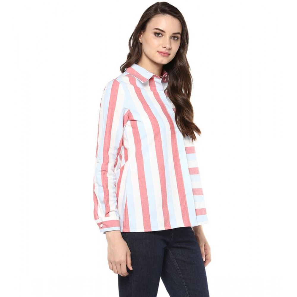 Women's Cotton Striped Roll Up Sleeve Regular Top (Red) - Image 5