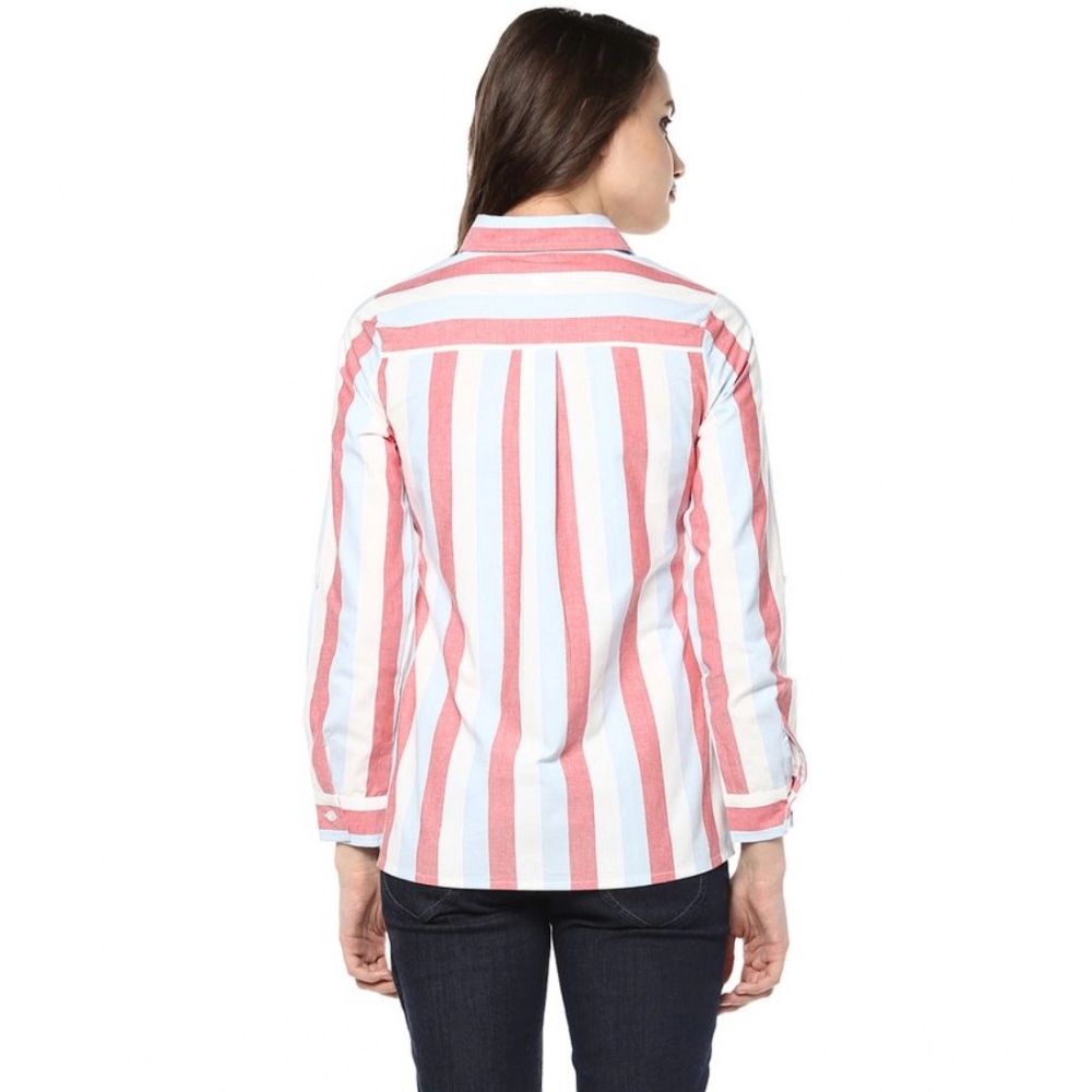 Women's Cotton Striped Roll Up Sleeve Regular Top (Red) - Image 2