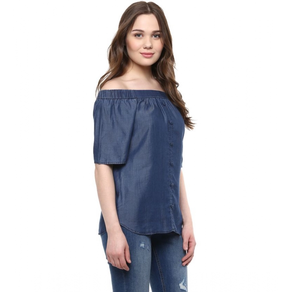 Women's Denim Solid Short Sleeve Regular Top (Blue) - Image 5