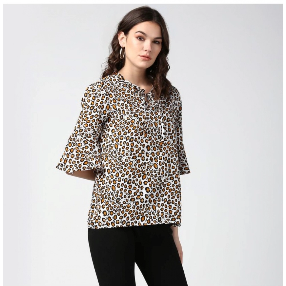 Women's Polyester Animal Print Bell Sleeve Top (Orange - Black) - Image 5