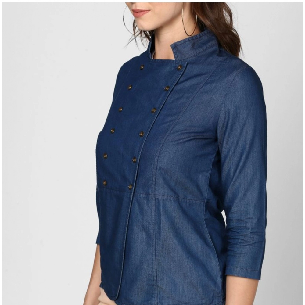 Women's Denim Solid 3-4th Sleeves Top (Blue) - Image 5