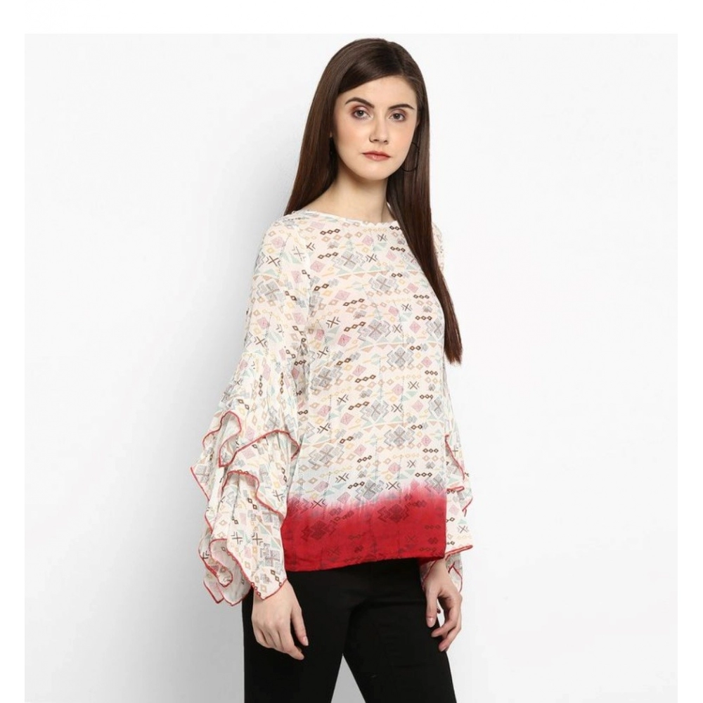 Women's Rayon Crepe Printed Ruffle Sleeve Top (Off White - Red) - Image 5