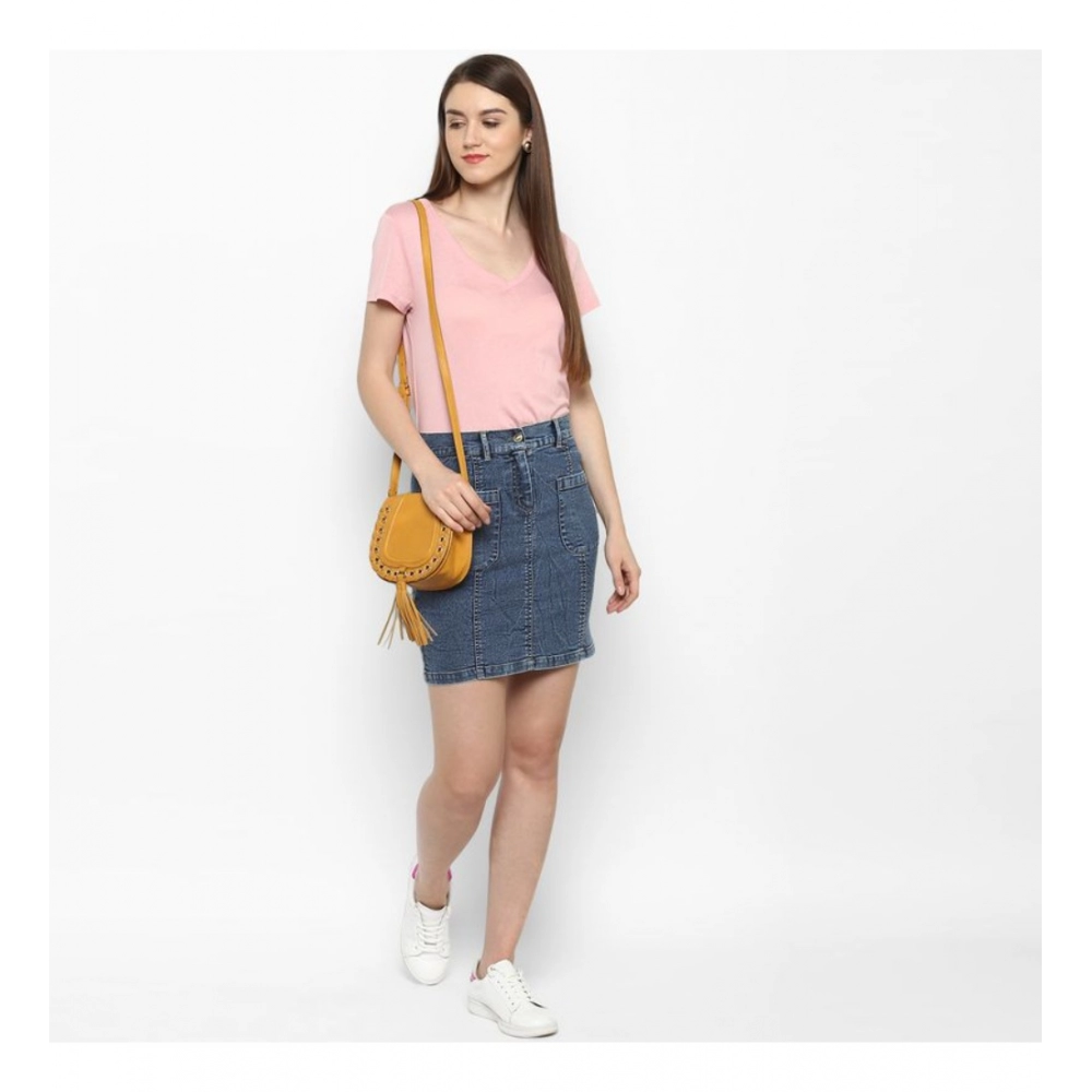 Women's Denim Front Pocket Buttoned Skirt (Blue) - Image 3
