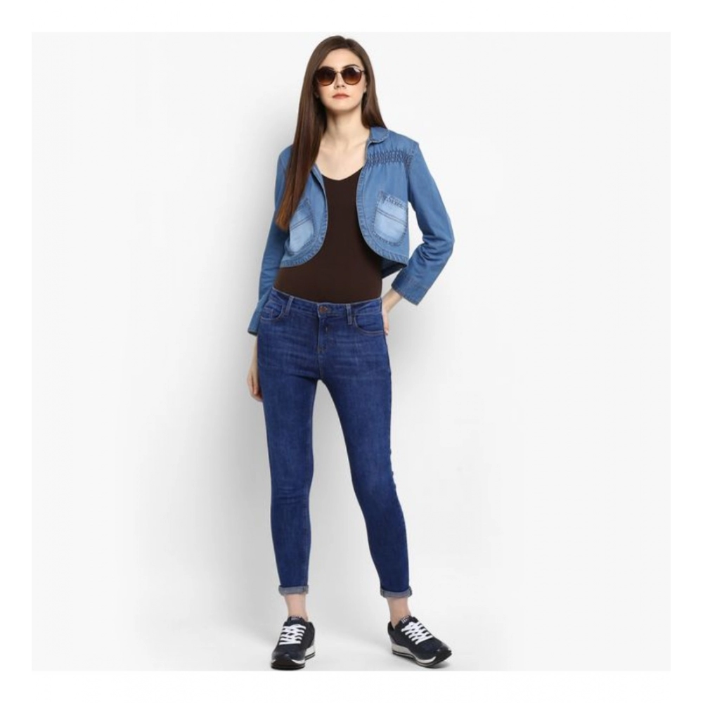 Women's Denim Smocking 3-4th Sleeves Shrug (Blue) - Image 3