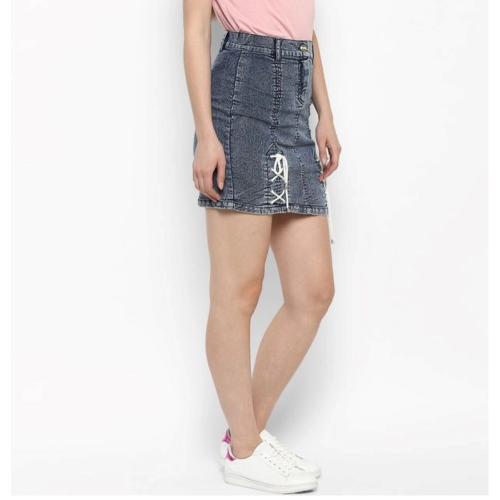 Women's Denim Tie Up Buttoned Skirt (Blue) - Image 5