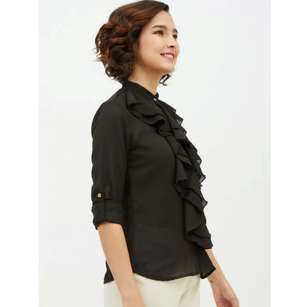 Women's Polyester Ruffled Long Sleeves Standard Length Shirt (Black) - Image 5