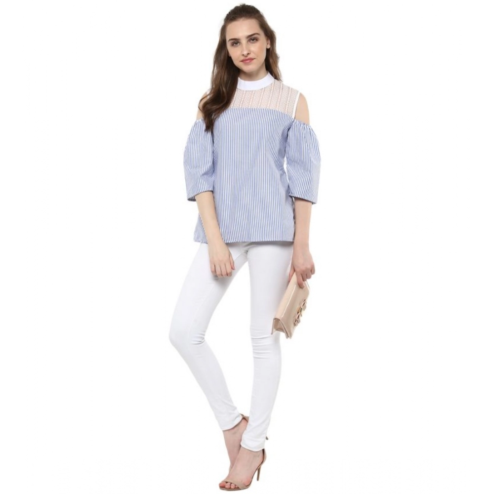Women's Cotton Striped Cold Shoulder Top (Blue) - Image 3