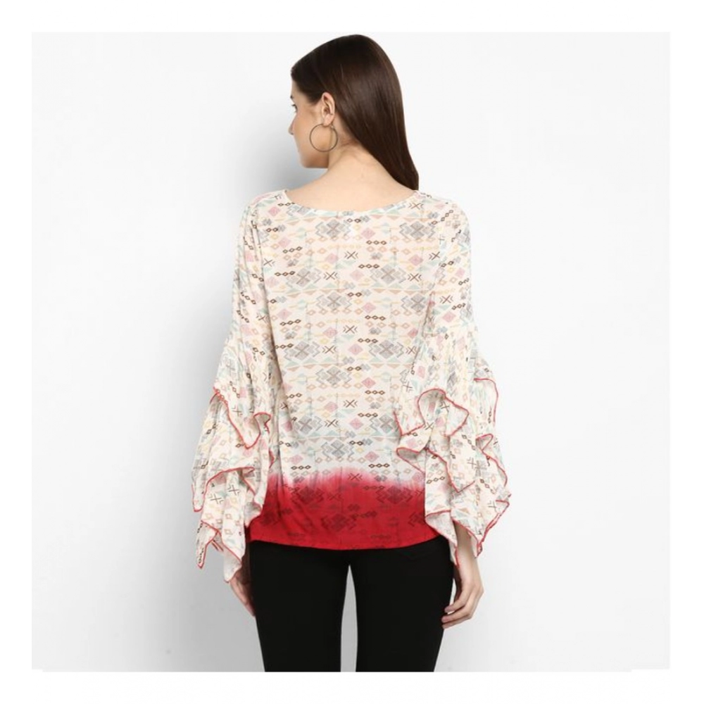 Women's Rayon Crepe Printed Ruffle Sleeve Top (Off White - Red) - Image 2