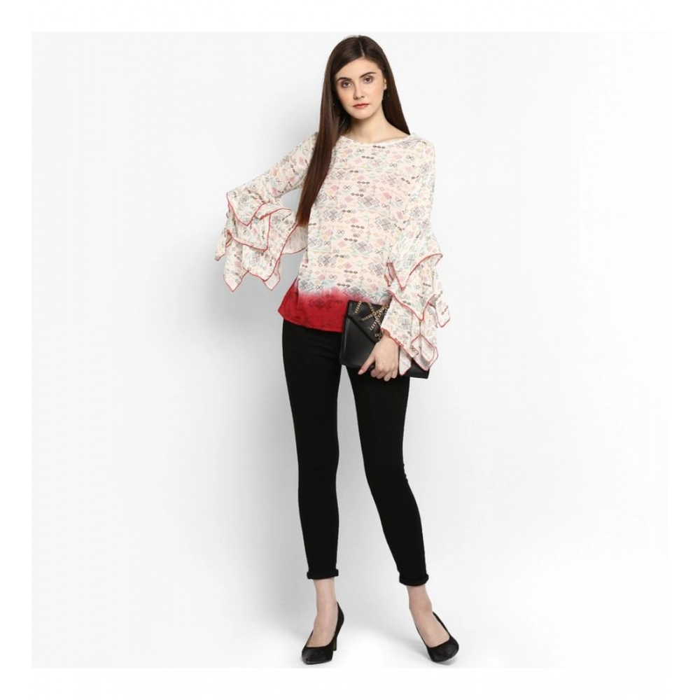 Women's Rayon Crepe Printed Ruffle Sleeve Top (Off White - Red) - Image 3