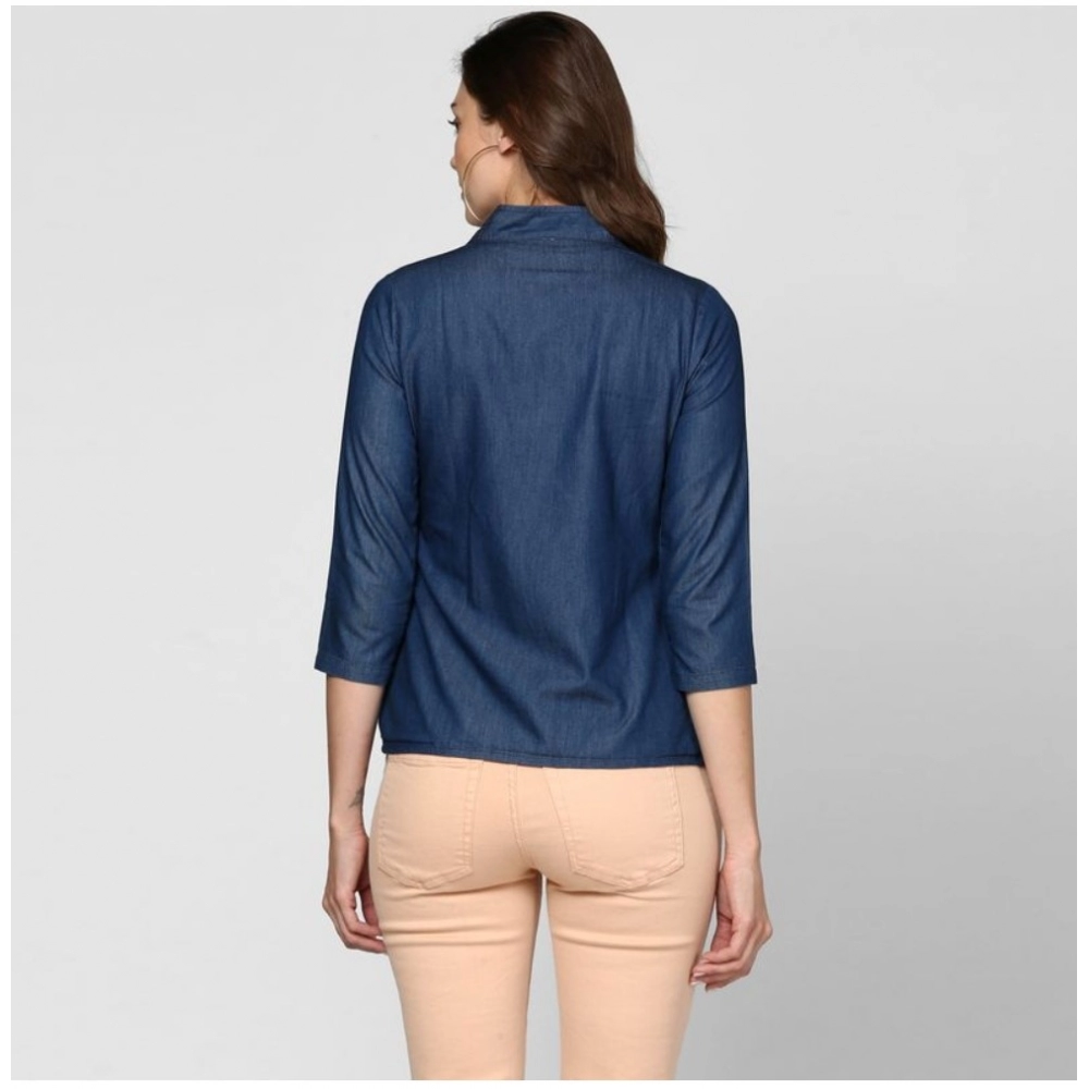 Women's Denim Solid 3-4th Sleeves Top (Blue) - Image 2