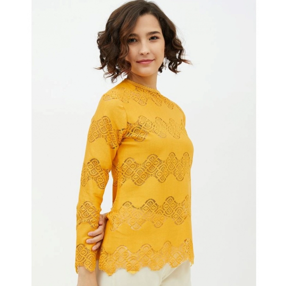 Women's Cotton Lace Inserts Long Sleeves Top (Yellow) - Image 5