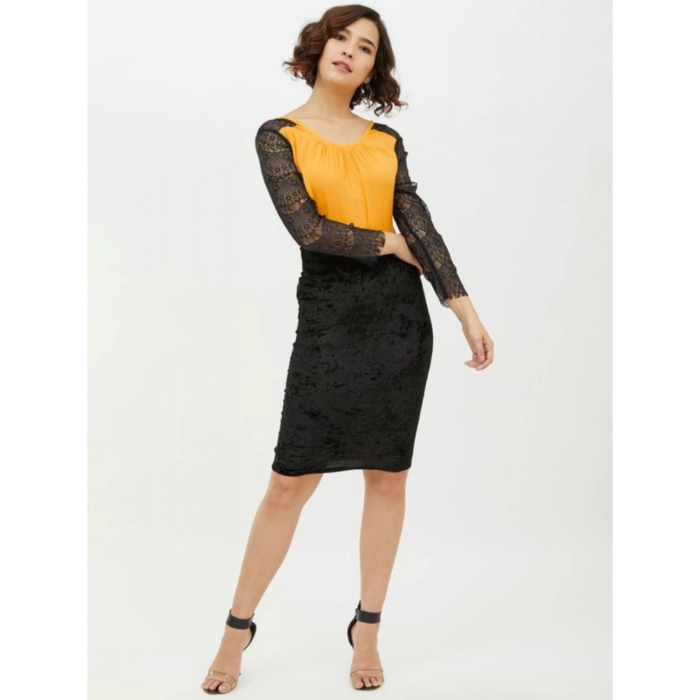 Women's Rayon Lace Inserts Long Sleeves Top (Yellow) - Image 3