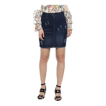 Women's Denim Distressed Buttoned Skirt (Blue)