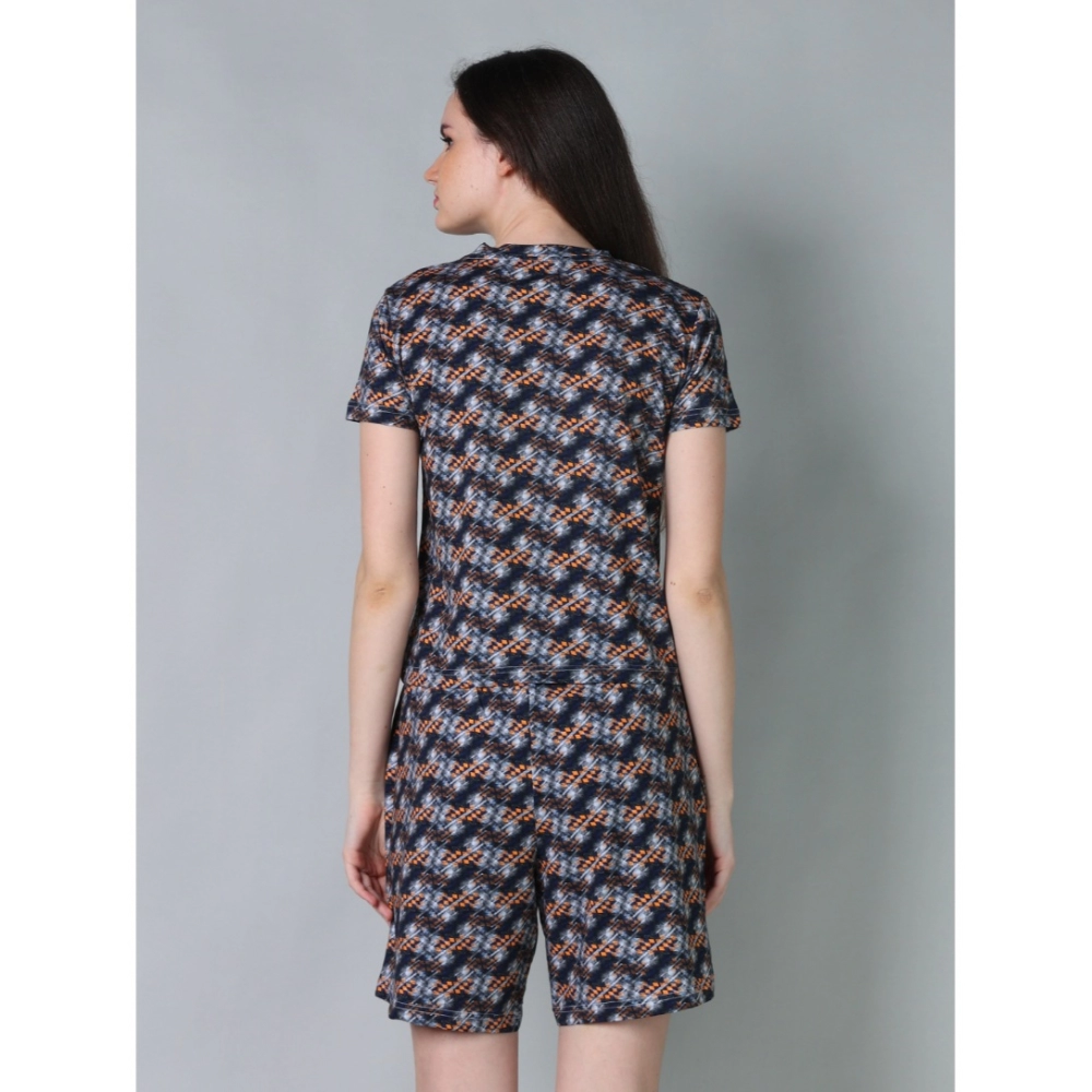 Women's Cotton Blended Printed Round Neck Half Sleeve Top - Shorts Set (Blue-Brown) - Image 2