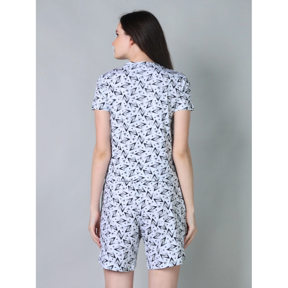 Women's Cotton Blended Printed Round Neck Half Sleeve Top - Shorts Set (White-Black) - Image 2