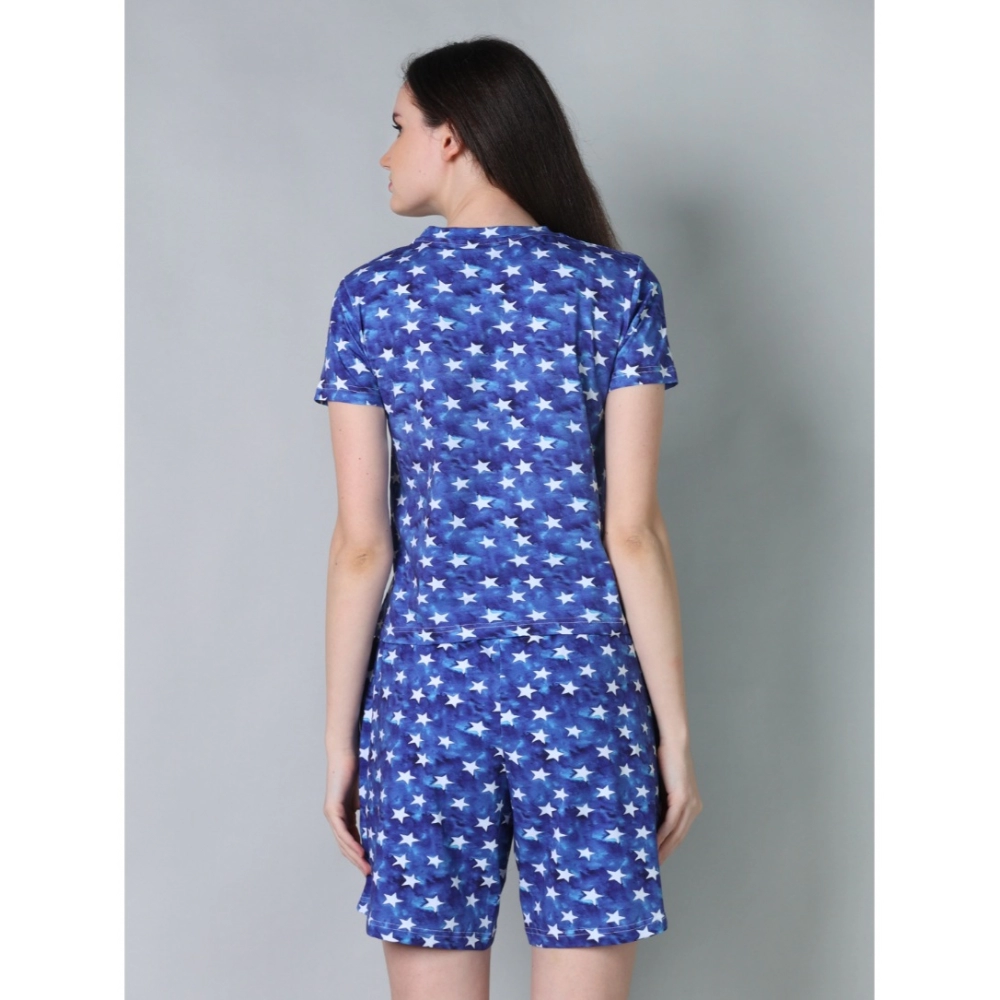 Women's Cotton Blended Printed Round Neck Half Sleeve Top - Shorts Set (Blue) - Image 2